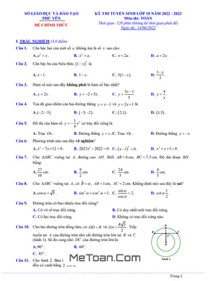 Đề thi tuyển sinh lớp 10 môn Toán năm 2022 - 2023 Sở GD&ĐT Phú Yên