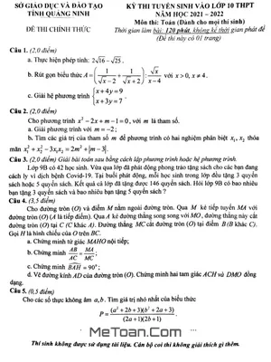 Đề thi tuyển sinh lớp 10 môn Toán năm 2021 - 2022 Sở GD&ĐT Quảng Ninh