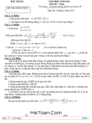 Đề Thi Tuyển Sinh Lớp 10 Môn Toán Sở GD&ĐT Bắc Giang Năm 2018 - 2019