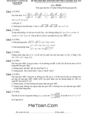 Đề thi chọn HSG Toán 9 THCS năm 2018 - 2019 Sở GD&ĐT Thái Bình