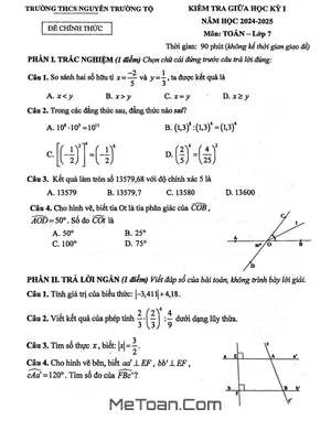 Đề thi giữa kì 1 Toán 7 năm 2024 - 2025 trường THCS Nguyễn Trường Tộ - Hà Nội