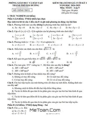 Đề thi học kỳ 1 Toán 9 năm 2024 - 2025 phòng GD&ĐT TP Hải Dương