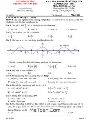 Đề Thi Giữa Kì 1 Toán 11 Năm 2025 - 2026 THPT Can Lộc, Hà Tĩnh (Có Đáp Án)