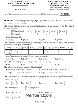 Tải Đề Thi Giữa Kỳ 1 Toán 11 Năm 2025 - 2026 Trường THPT Ngô Gia Tự 1, Đắk Lắk (Có Đáp Án)