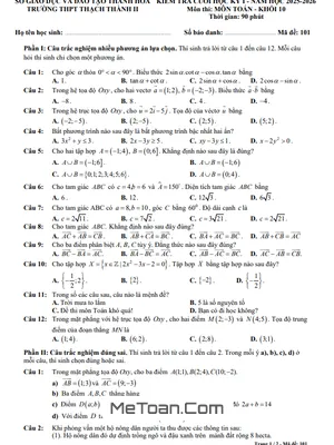Đề Thi Toán Lớp 10 Học Kỳ 1 Năm 2025 - 2026: Trường THPT Thạch Thành 2, Thanh Hóa