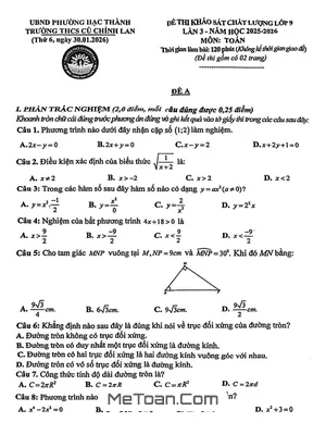 Đề Khảo Sát Môn Toán 9 Lần 3 Năm Học 2025 – 2026 Trường THCS Cù Chính Lan, Thanh Hóa