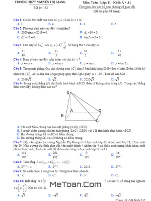 Đề thi KSCL Toán 11 lần 1 năm 2019 - 2020 trường Nguyễn Thị Giang - Vĩnh Phúc