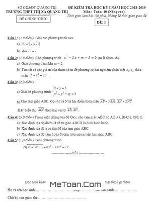 Đề thi HK1 Toán 10 năm học 2018 - 2019 trường THPT Thị Xã Quảng Trị