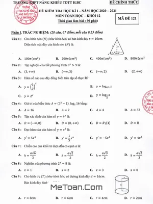 Đề thi học kì 1 Toán 12 năm 2020 - 2021 trường THPT Năng khiếu TDTT Bình Chánh - TP.HCM (có lời giải)