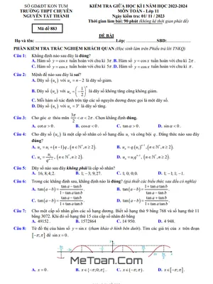 Đề thi giữa kì 1 Toán 11 năm 2023 - 2024 trường chuyên Nguyễn Tất Thành - Kon Tum