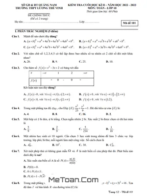 Trọn Bộ Đề Thi Học Kỳ 2 Môn Toán Lớp 10 Năm 2022-2023 Trường THPT Lương Thế Vinh - Quảng Nam