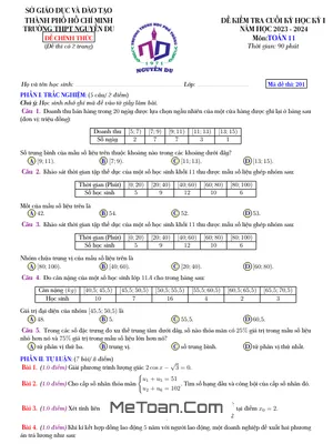 Đề Thi Học Kỳ 1 Toán 11 Năm 2023 - 2024 Trường THPT Nguyễn Du - TP.HCM (Có Đáp Án)