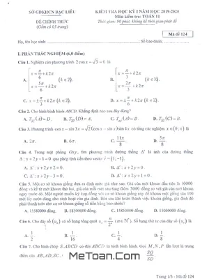 Đề thi HK1 Toán 11 năm học 2019 - 2020 sở GD&KHCN Bạc Liêu