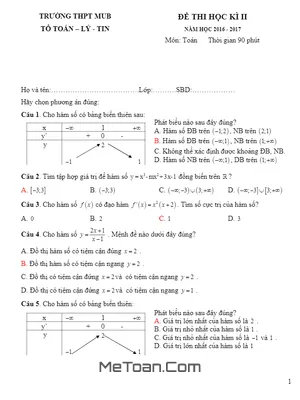 Đề thi HK2 Toán 12 năm 2016 - 2017 trường THPT Mường Bi - Hòa Bình - Full Đáp Án