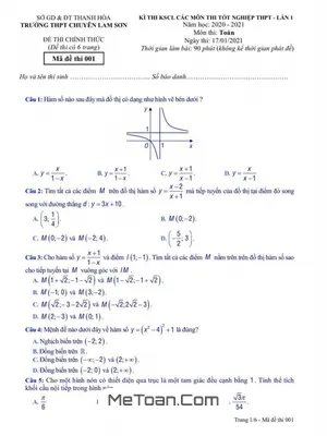 Đề KSCL Toán thi tốt nghiệp THPT 2021 lần 1 trường chuyên Lam Sơn – Thanh Hóa