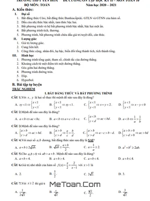 Đề Cương Ôn Tập Học Kỳ 2 Môn Toán Lớp 10 Trường THPT Yên Hòa - Hà Nội Năm 2020 - 2021
