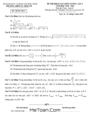 Đề thi KSCL Toán 10 lần 2 năm 2018 – 2019 trường Lý Thái Tổ – Bắc Ninh