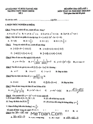 Đề thi giữa kỳ 1 Toán 10 năm 2018 - 2019 trường THPT Nhân Chính - Hà Nội (Có đáp án)