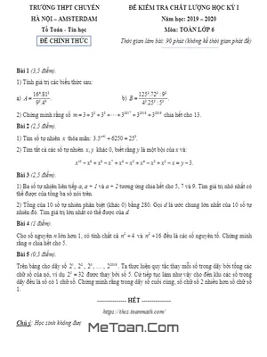 Đề kiểm tra chất lượng Toán lớp 6 năm 2019 - 2020 trường chuyên Hà Nội - Amsterdam