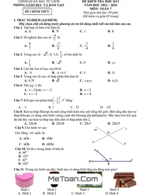 Đề Thi Học Kì 1 Toán 7 Năm 2023 - 2024 Phòng GD&ĐT Bắc Từ Liêm - Hà Nội