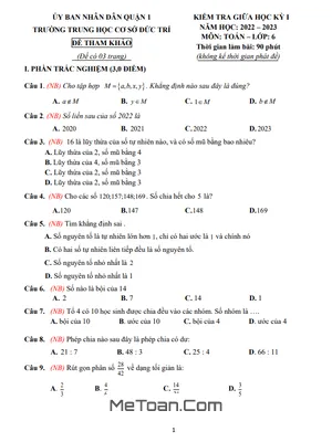 Đề Tham Khảo Giữa Kỳ 1 Toán 6 Năm 2022 - 2023 Trường THCS Đức Trí - TP HCM