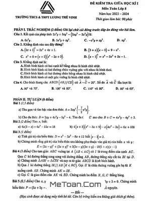 Đề thi giữa kì 1 Toán 8 năm 2023 - 2024 trường Lương Thế Vinh - Hà Nội