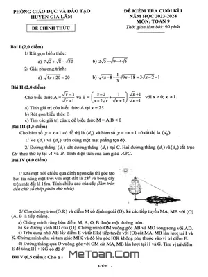 Đề thi học kì 1 Toán 9 năm 2023 - 2024 phòng GD&ĐT Gia Lâm - Hà Nội