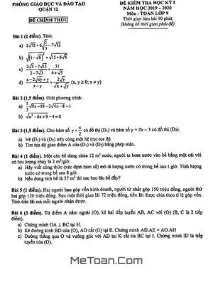 Đề kiểm tra học kỳ 1 Toán 9 năm 2019 - 2020 phòng GD&ĐT Quận 12 - TP HCM