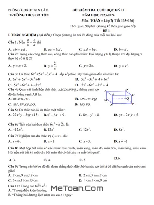 Đề thi học kì 2 môn Toán lớp 7 năm 2023 - 2024 trường THCS Đa Tốn - Hà Nội