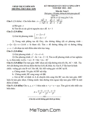 Đề khảo sát chất lượng Toán 9 năm 2022 - 2023 trường THCS Bắc Sơn - Thanh Hóa