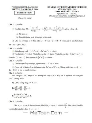 Đề thi học sinh giỏi Toán 8 năm 2022 - 2023 trường THCS Lê Quý Đôn - Bắc Giang