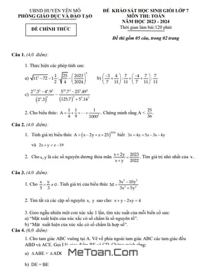 Đề khảo sát HSG Toán 7 năm 2023 - 2024 phòng GD&ĐT Yên Mô - Ninh Bình