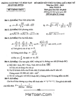Đề thi giữa kì 1 Toán 9 năm 2022 - 2023 phòng GD&ĐT Hà Đông - Hà Nội