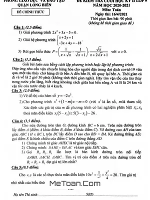 Đề thi Toán 9 cuối kỳ 2 năm 2020 - 2021 phòng GD&ĐT Long Biên - Hà Nội