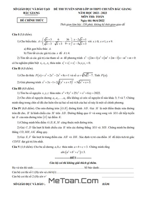 Đề thi Tuyển sinh Lớp 10 Môn Toán Chuyên Bắc Giang Năm 2022 - 2023