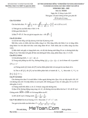 Đề Đánh Giá Năng Lực Toán Thi Vào 10 Năm 2021 - 2022 Trường Tạ Quang Bửu - Hà Nội