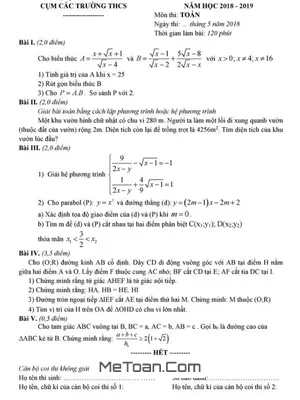 Bộ đề thi thử vào lớp 10 môn Toán năm 2018 của phòng GD&ĐT Hai Bà Trưng - Hà Nội (có lời giải)