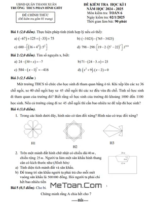 Đề thi học kì 1 Toán lớp 6 năm 2024 - 2025 trường THCS Phan Đình Giót - Hà Nội
