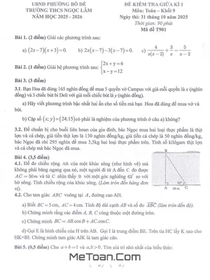 Đề kiểm tra giữa học kì 1 môn Toán 9 năm 2025 – 2026 trường THCS Ngọc Lâm (Hà Nội)