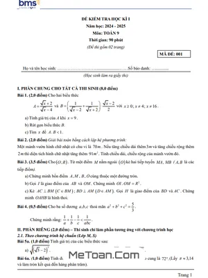Đề Thi Cuối Học Kì 1 Toán 9 Năm 2024 – 2025 Trường Ban Mai School (Có Đáp Án Chi Tiết)