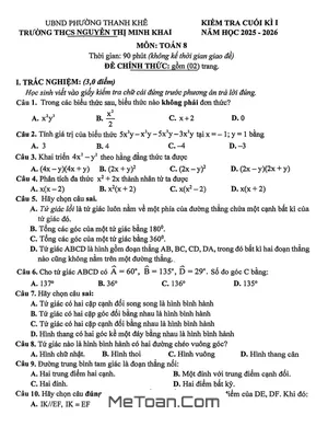 Đề thi cuối kì 1 Toán 8 năm 2025 – 2026 trường THCS Nguyễn Thị Minh Khai – Đà Nẵng