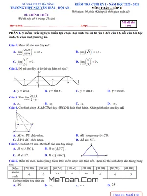 Đề cuối kỳ 1 Toán 11 năm 2025 – 2026 trường THPT Nguyễn Trãi – Đà Nẵng