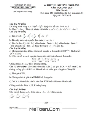 Đề thi thử HSG Toán 8 Lần 2 Năm 2025 – 2026 Trường THCS Nga Thiện – Thanh Hóa