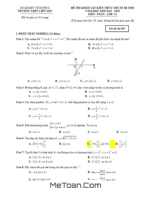 Đề khảo sát Toán 11 năm học 2019 - 2020 trường THPT Liễn Sơn - Vĩnh Phúc