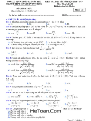 Đề thi HK1 Toán 10 năm học 2018 - 2019 trường THPT chuyên Lý Tự Trọng - Cần Thơ