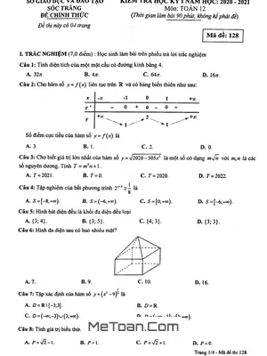Đề thi học kỳ 1 Toán 12 năm 2020 - 2021 Sở GD&ĐT Sóc Trăng