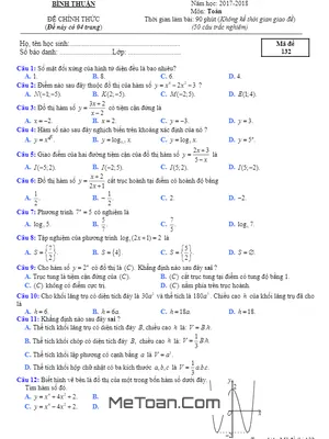 Đề thi HK1 Toán 12 năm học 2017 - 2018 sở GD&ĐT Bình Thuận (có đáp án)