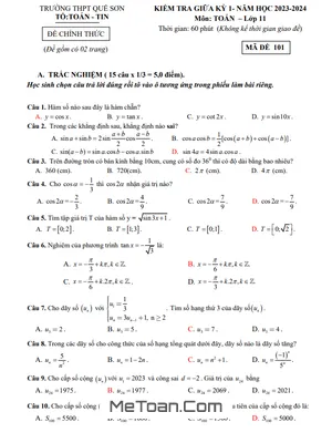 Đề thi giữa kì 1 Toán 11 năm 2023 - 2024 trường THPT Quế Sơn - Quảng Nam