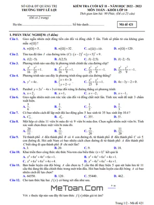 Đề Thi Cuối Kỳ 2 Toán 10 Năm 2022-2023 Trường THPT Lê Lợi - Quảng Trị