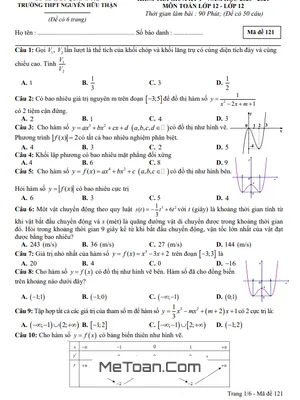 Đề thi giữa kỳ 1 Toán 12 năm 2020 - 2021 trường THPT Nguyễn Hữu Thận - Quảng Trị